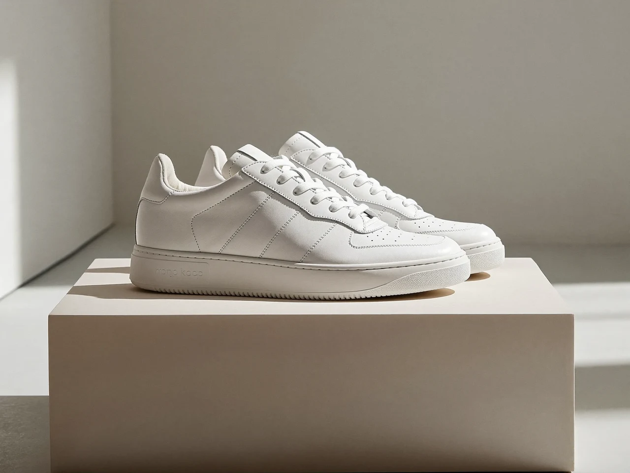 Sneakers in pelle bianca su un piedistallo chiaro in una sala luminosa