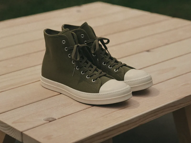 Sneakers alte in tela verde oliva su una panca di legno chiaro