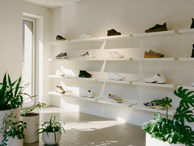 Interno luminoso di un negozio di sneakers con scarpe esposte su mensole bianche