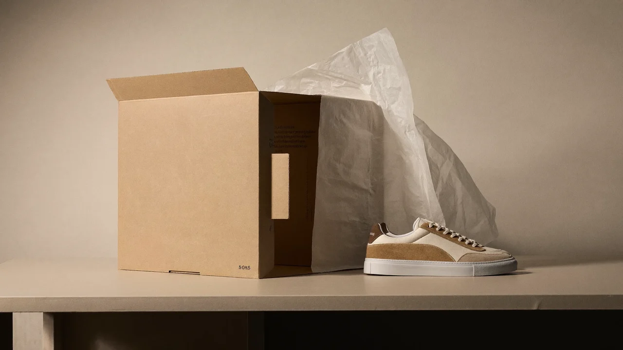 Scatola di cartone aperta con carta velina accanto a un paio di sneakers